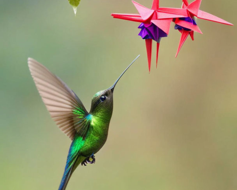 Hummingbird hovering near branch with green leaves and pink origami stars