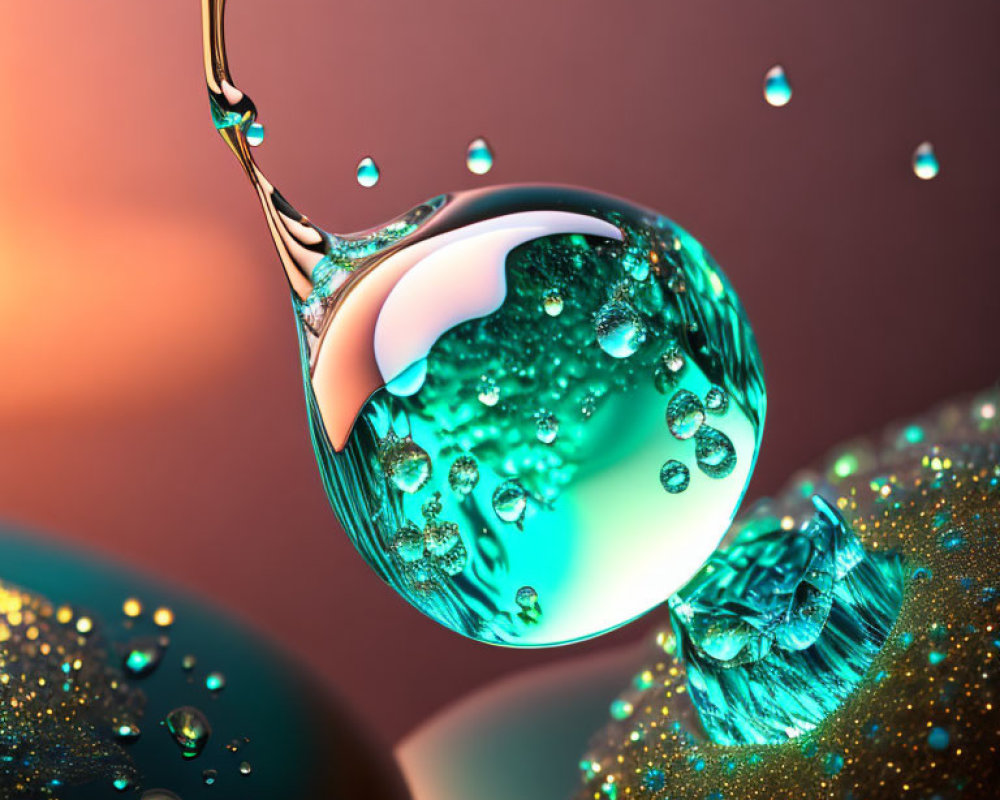 Detailed close-up of dynamic water droplet splash on warm-toned surface