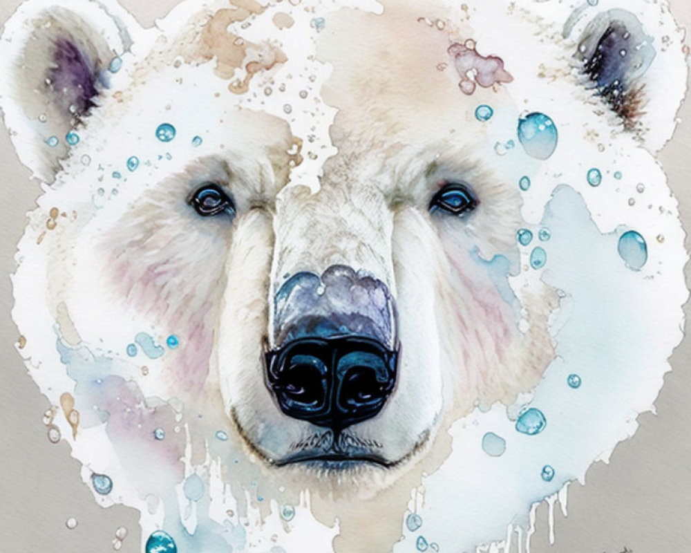 Bear Face Watercolor Painting with Soft Tones and Abstract Blue Splashes