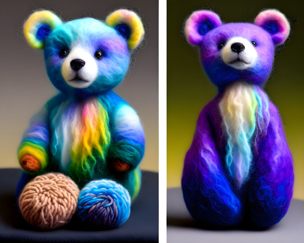 Colorful fluffy teddy bears with rainbow fur and yarn balls, one looking pensive, on blurred