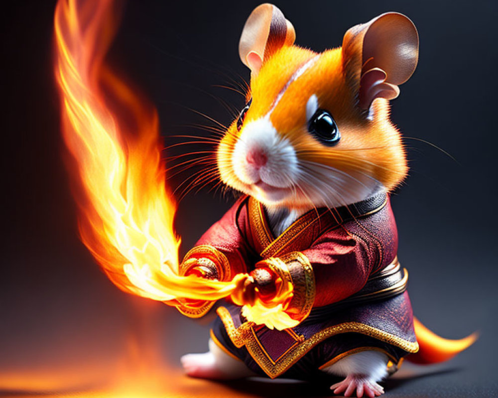 Fantasy-style mouse casting fire spell in robe.