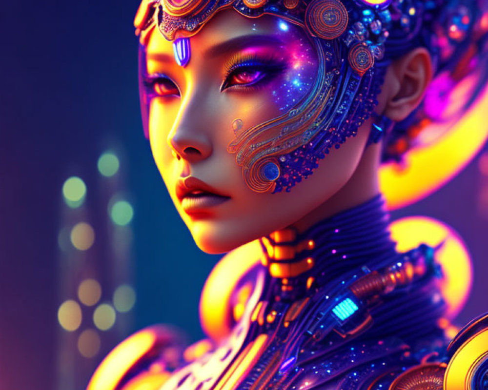 Futuristic digital artwork of woman with ornate headgear and cybernetic details