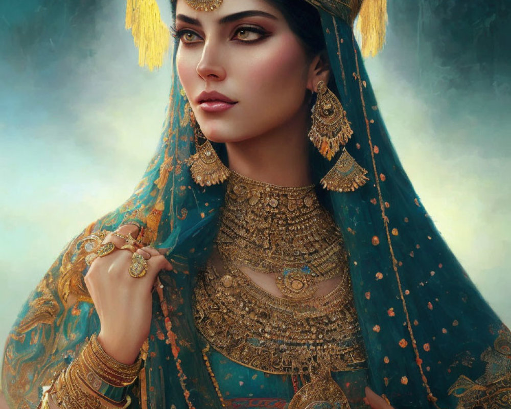 Traditional attire woman in ornate gold jewelry and headdress illustration