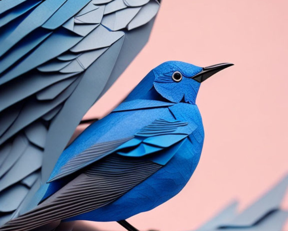 Intricate Paper Art Bluebirds with Detailed Feathers on Soft Pink Background