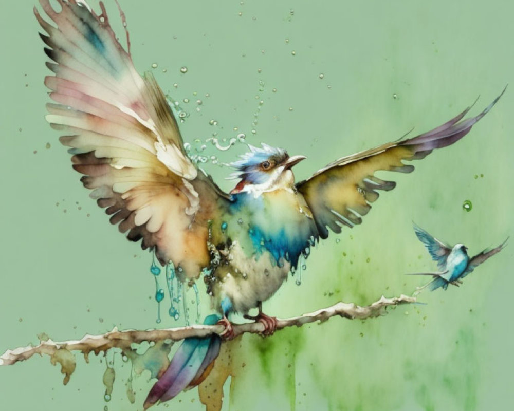 Colorful Watercolor Painting: Bird in Flight with Water Droplets