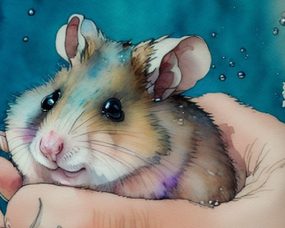 Cozy hamster held in hands on teal background