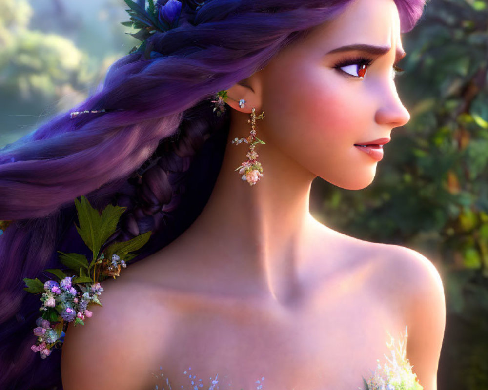 Purple Braided Hair Female Character in Forest Setting