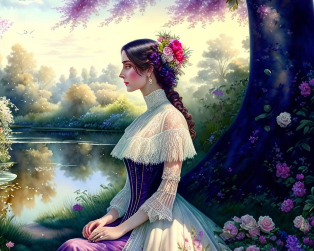 Victorian woman in dress by lake at twilight surrounded by nature