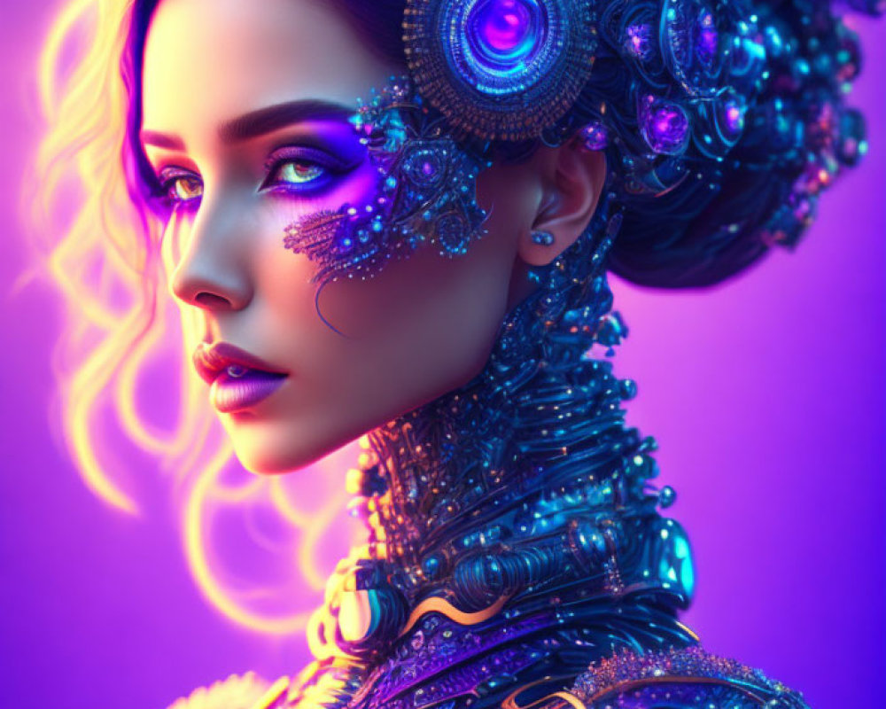 Futuristic digital artwork of a woman in vibrant purple and blue hues