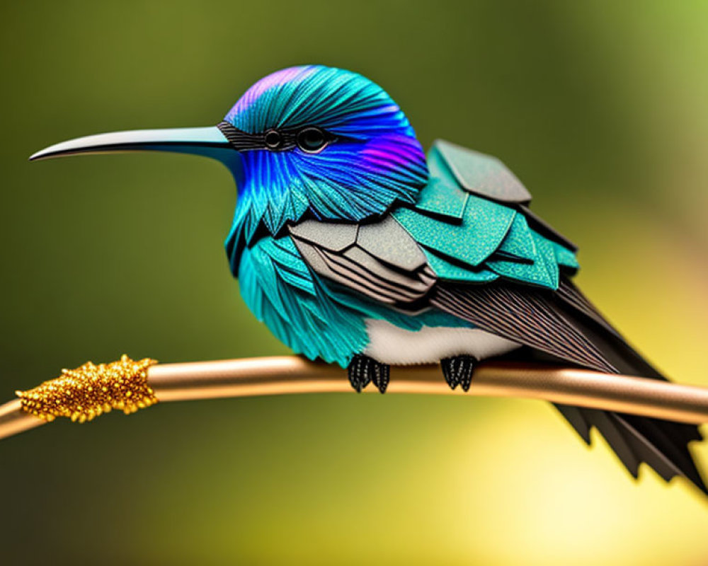 Colorful stylized bird on golden branch with blue plumage