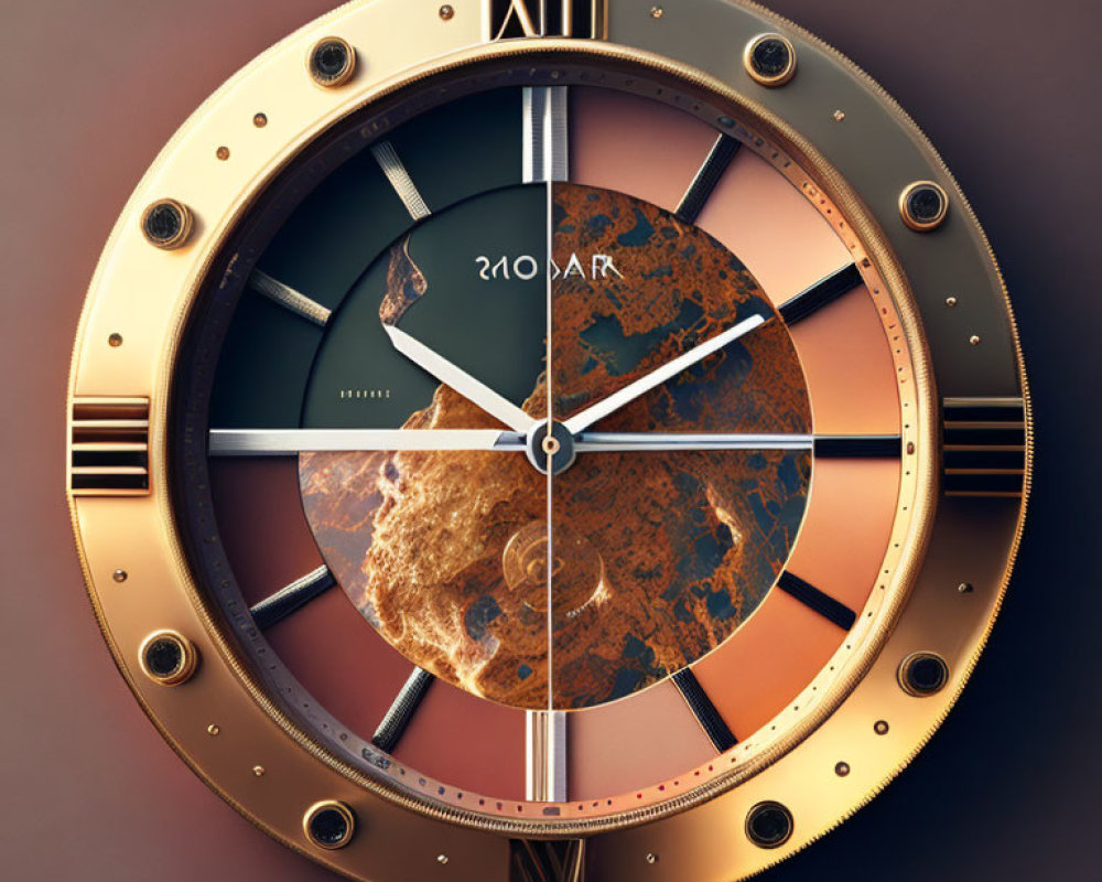 Copper-Toned Round Wristwatch with Marbled Face and Roman Numeral XII