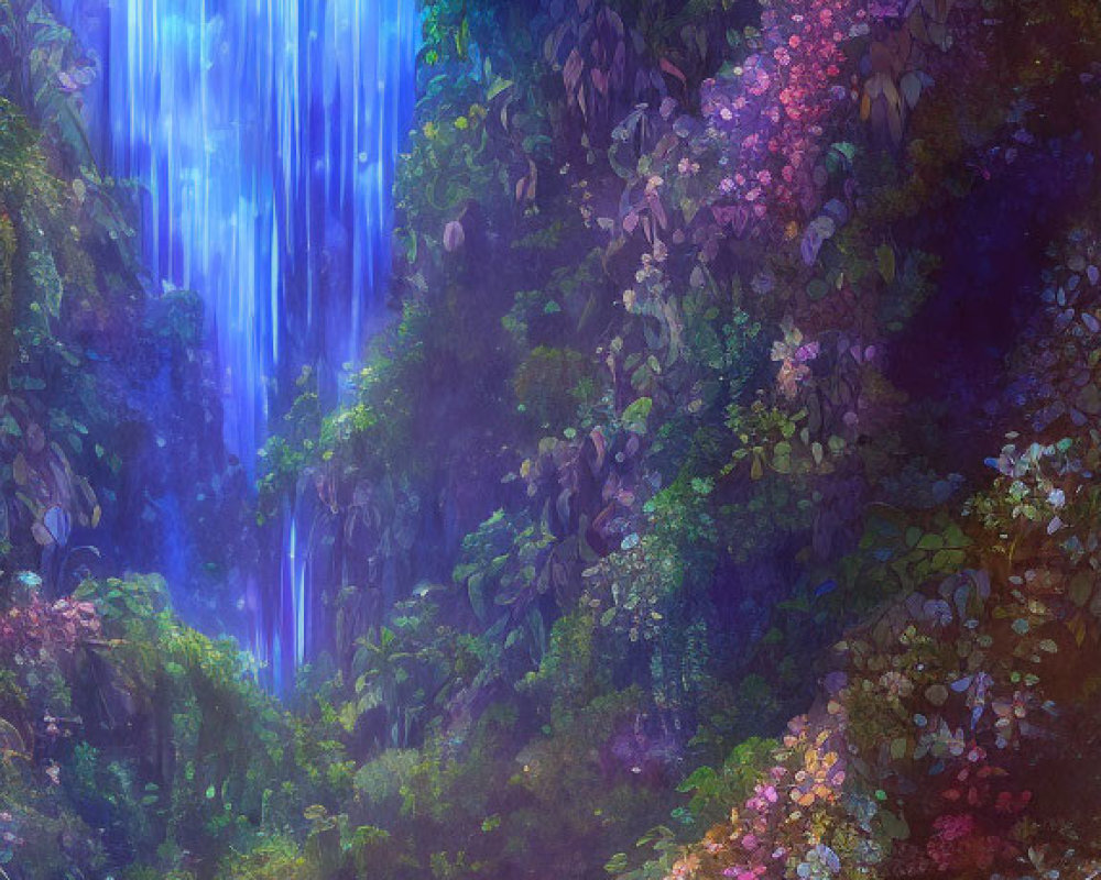 Tranquil forest with mesmerizing waterfall and vibrant flora