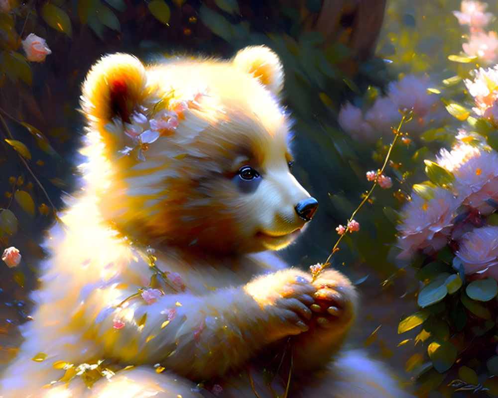 Fluffy bear cub in pink flower forest scene