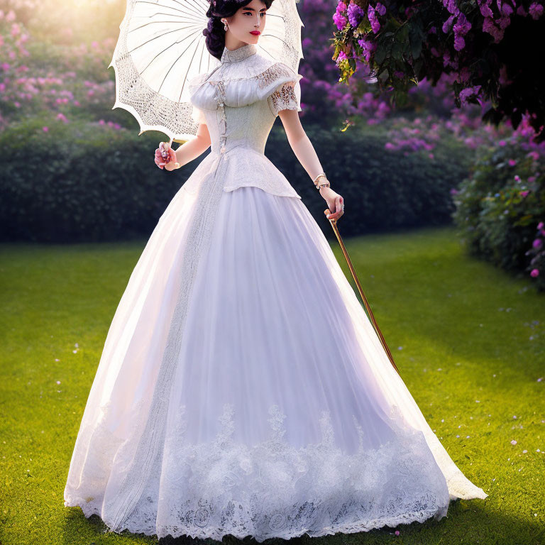 Woman in vintage white dress with parasol in lush garden full of purple flowers