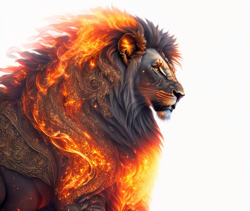 Majestic black-maned lion with fiery orange mane and golden designs