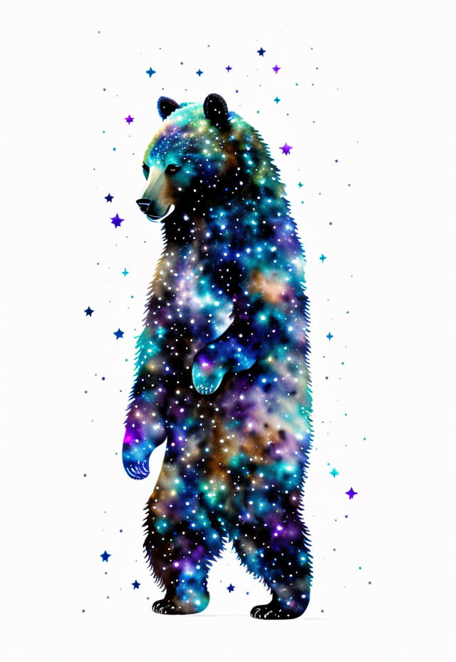 Cosmic Bear Silhouette with Stars and Nebulae on White Background