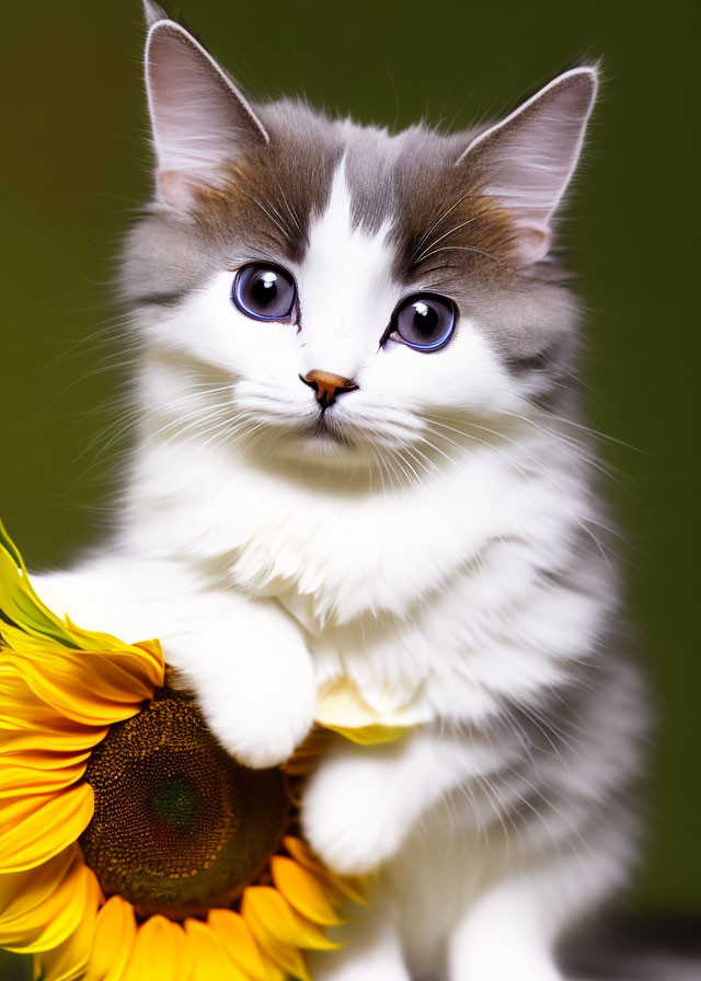 Fluffy white and grey cat with blue eyes hugging yellow sunflower on green background