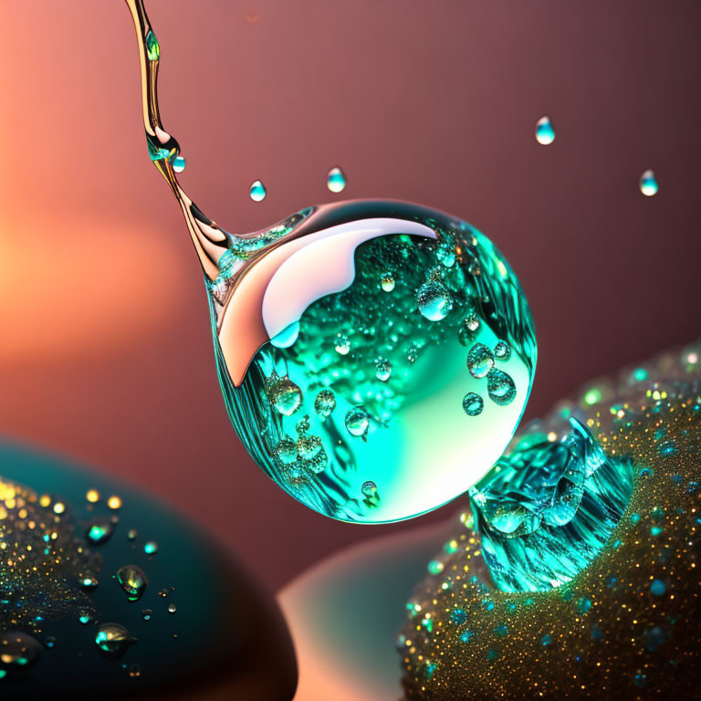 Detailed close-up of dynamic water droplet splash on warm-toned surface