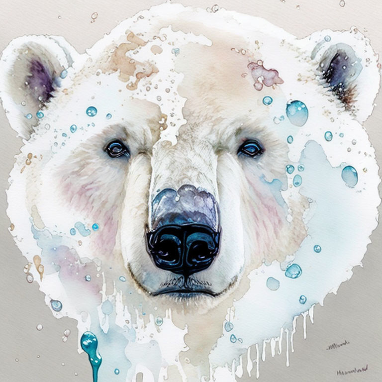 Bear Face Watercolor Painting with Soft Tones and Abstract Blue Splashes