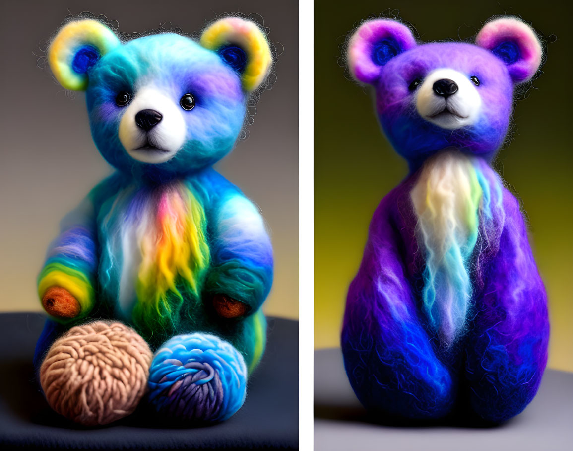 Colorful fluffy teddy bears with rainbow fur and yarn balls, one looking pensive, on blurred