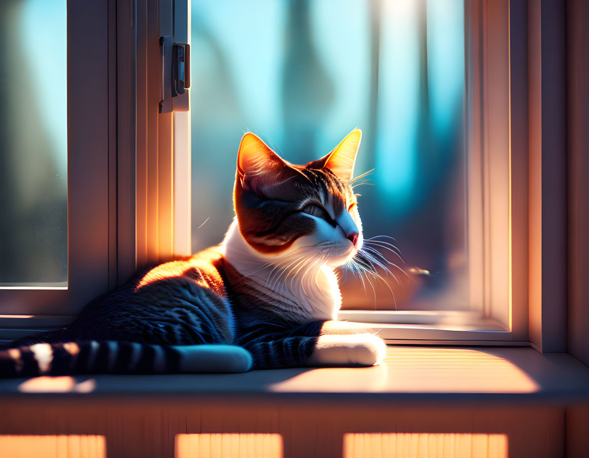 Cat relaxing on windowsill at sunset in peaceful silhouette