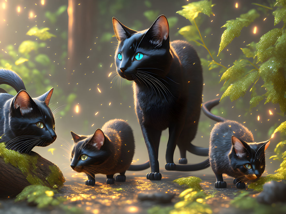 Four Cats with Striking Blue Eyes in Sunlit Mystic Forest