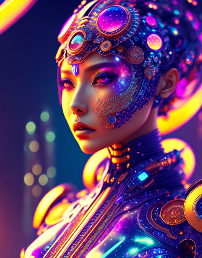 Futuristic digital artwork of woman with ornate headgear and cybernetic details