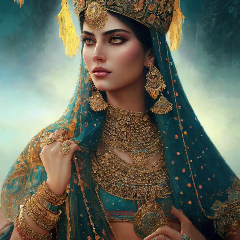 Traditional attire woman in ornate gold jewelry and headdress illustration