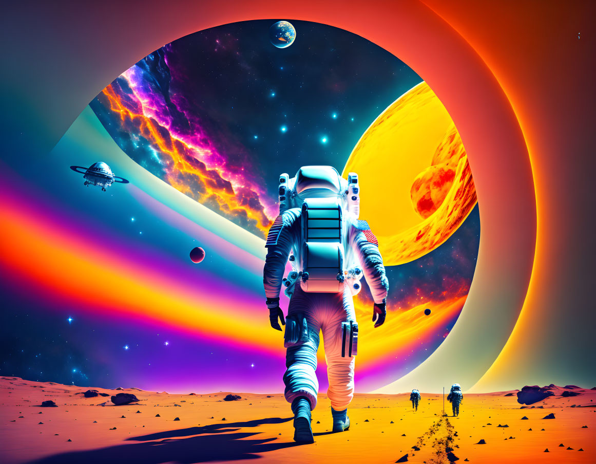 Astronaut explores alien planet with colorful sky, planets, nebula, and spaceships.