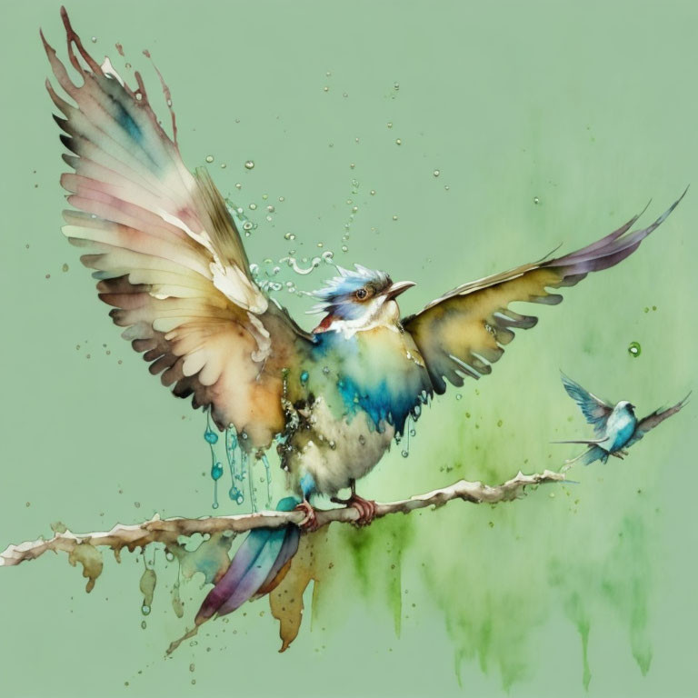 Colorful Watercolor Painting: Bird in Flight with Water Droplets