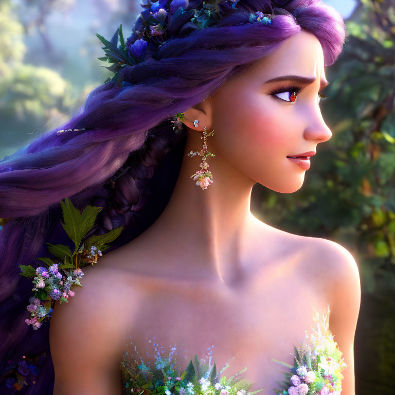 Purple Braided Hair Female Character in Forest Setting