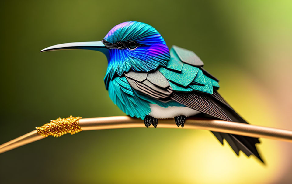 Colorful stylized bird on golden branch with blue plumage