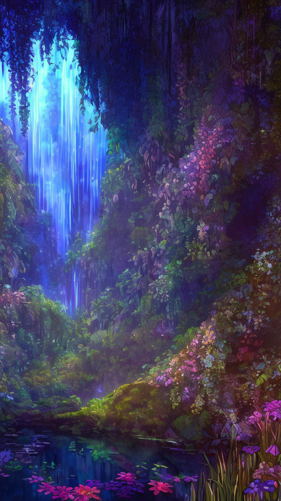 Tranquil forest with mesmerizing waterfall and vibrant flora