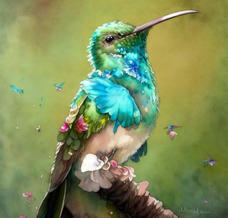 Colorful Watercolor Illustration of Hummingbird with Flowers and Butterflies