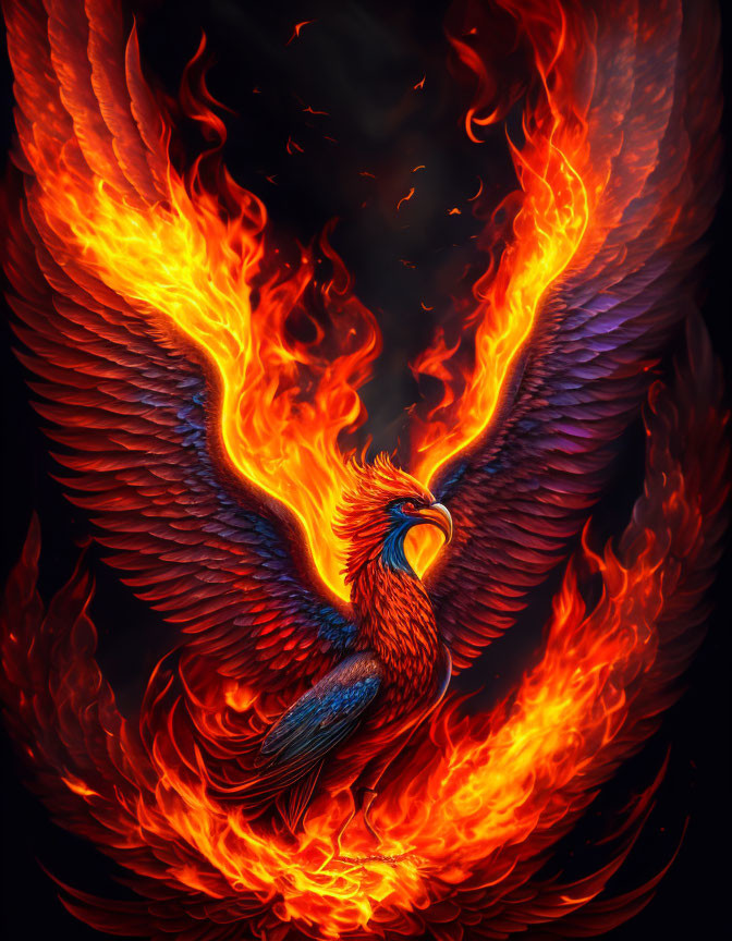 Colorful Phoenix Illustration with Fiery Plumage and Flames on Dark Background