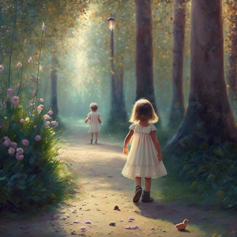 Children walking in sunlit forest with streetlamp and toy duck