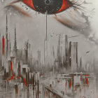 Surreal painting of detailed eye over grayscale cityscape with red splashes, reflecting in water below