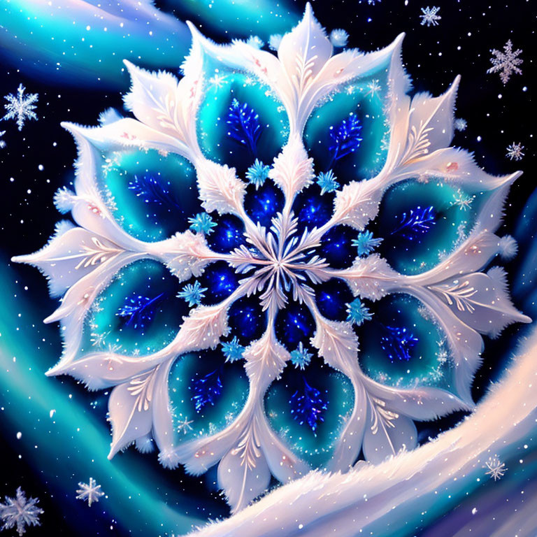 Symmetrical blue and white leaf pattern on starry night sky background