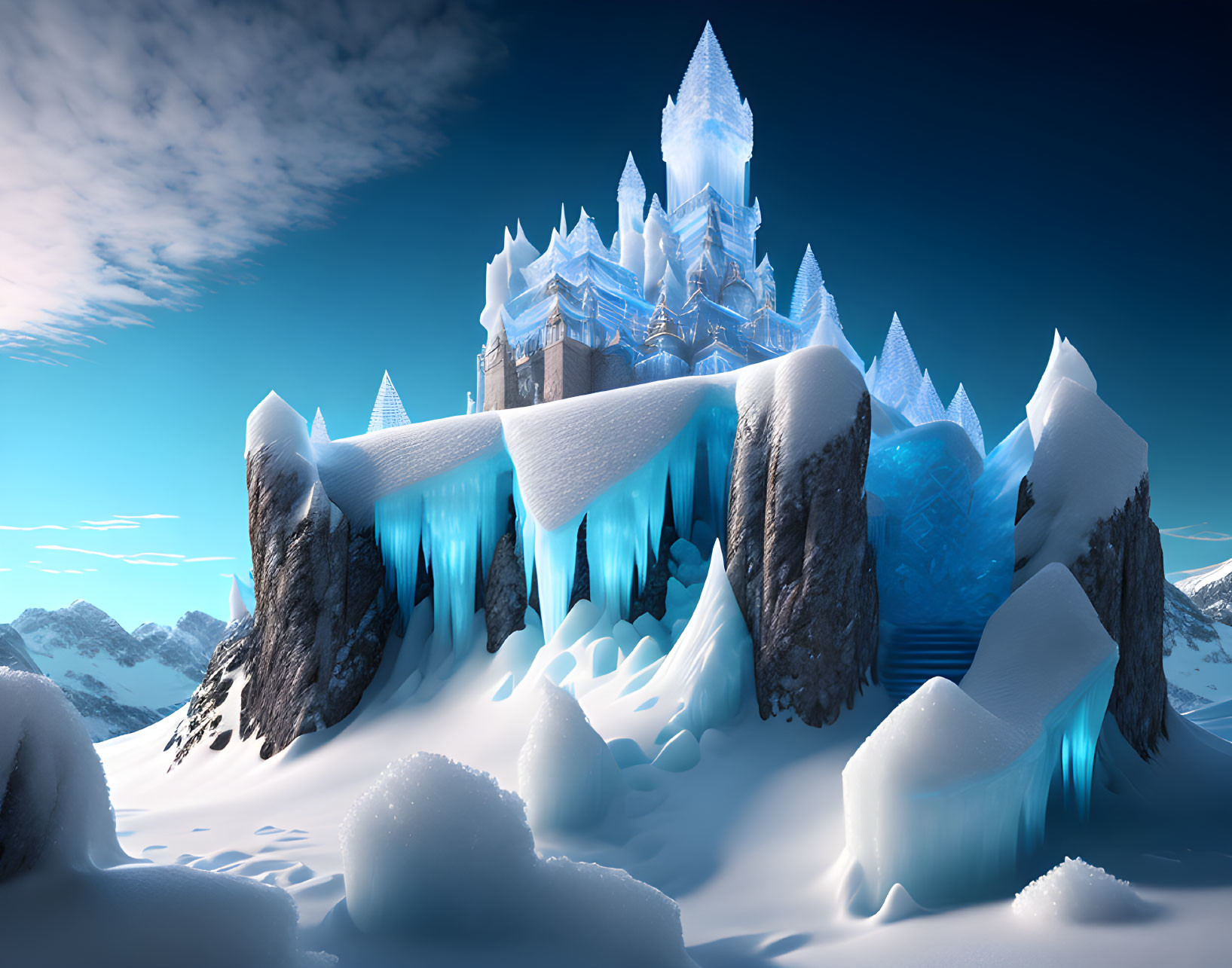 Majestic ice castle on snowy peaks under clear blue sky