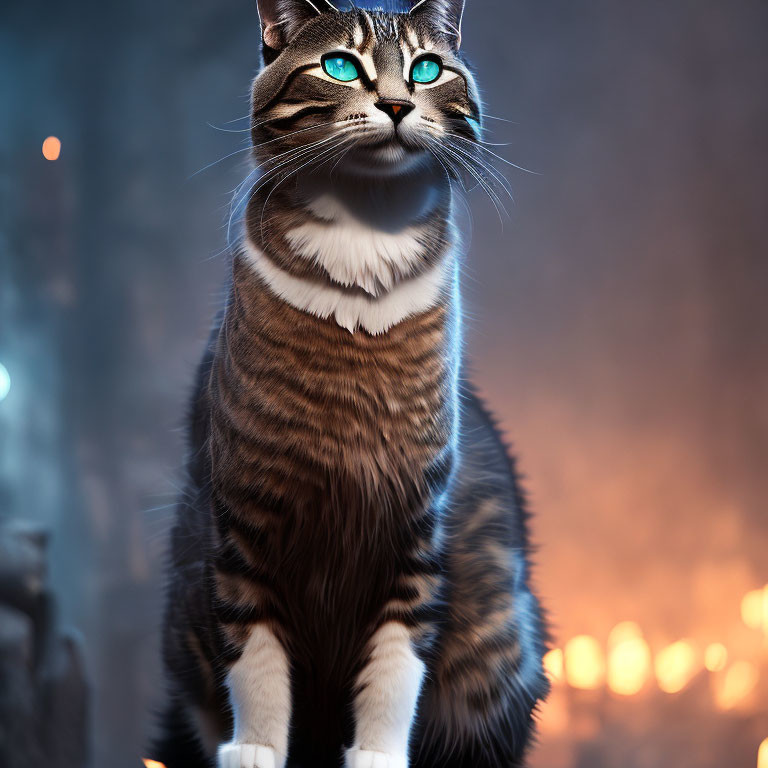 Striped Cat with Blue Eyes in Atmospheric Evening Setting