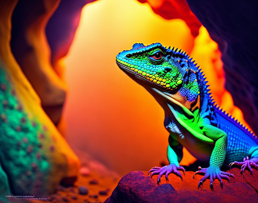 Colorful lizard on rock with orange and green hues against warm gradient background