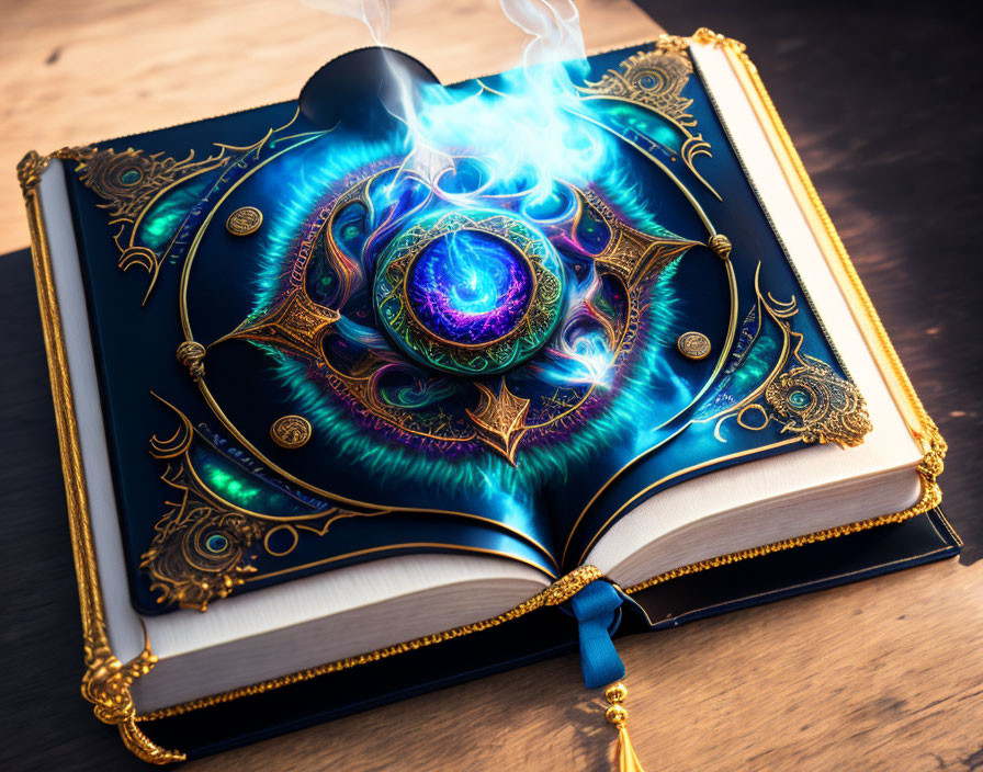 Mystical book with glowing ornate cover emits magical smoke