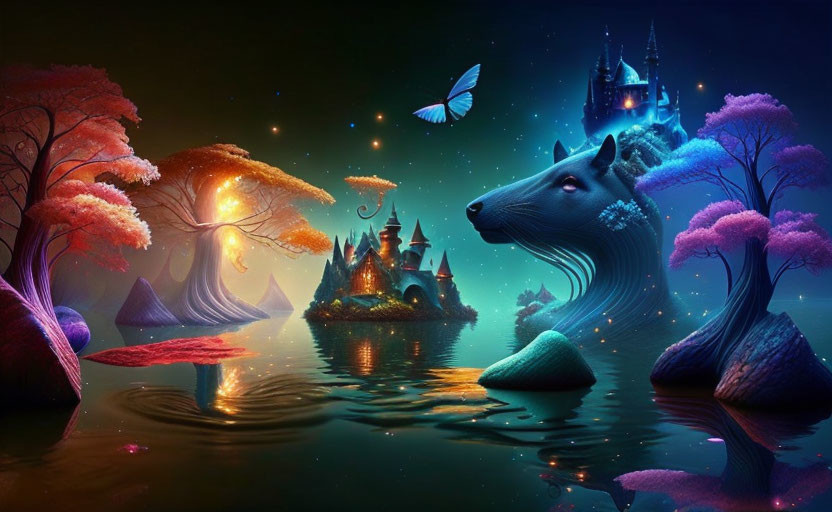 Colorful fantasy landscape with castle, wolf head, butterfly, and starry sky