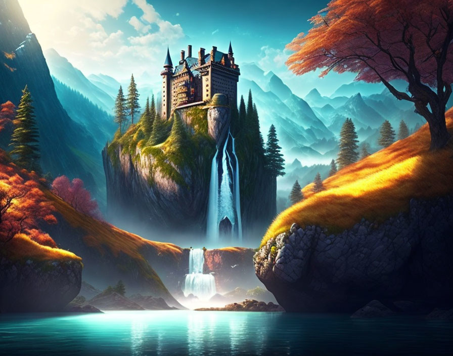 Majestic castle on cliff with autumn scenery and waterfall