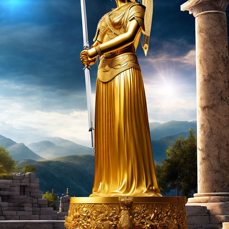 Golden warrior statue with sword and shield against mountain backdrop