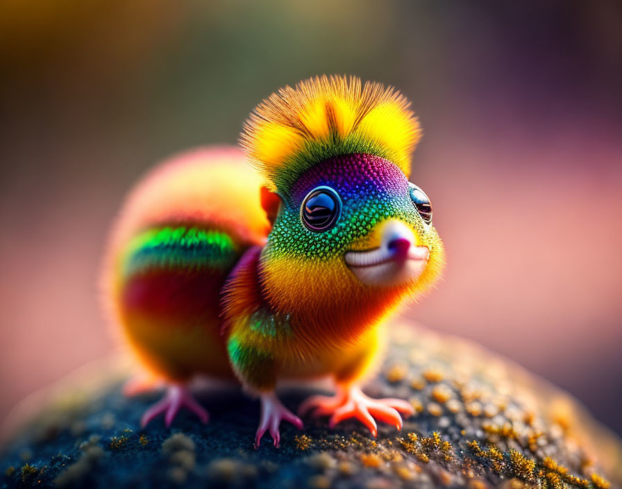 Colorful Imaginary Creature with Bright Feathers and Big Eyes Perched on Textured Surface