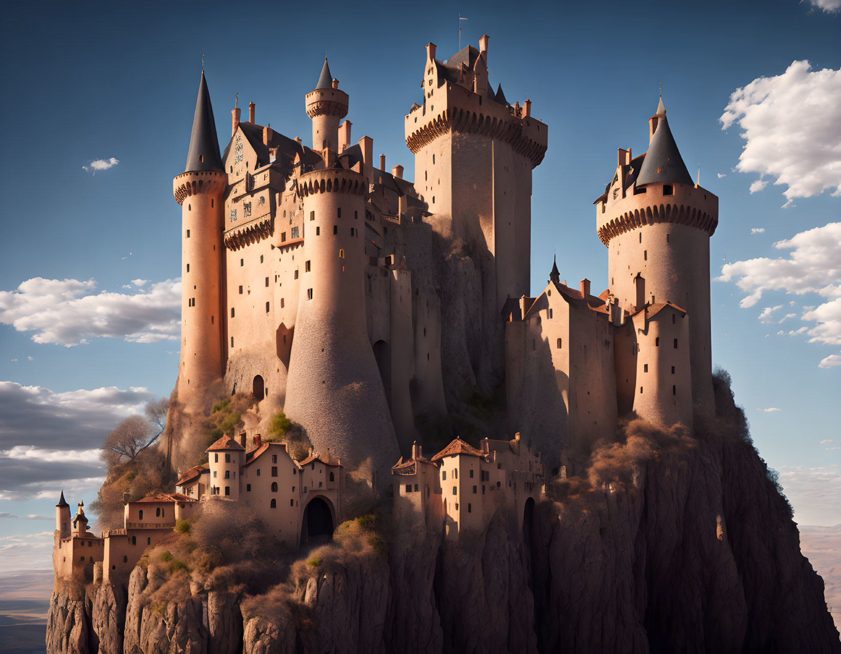 Majestic castle with multiple towers on steep cliff under partly cloudy sky