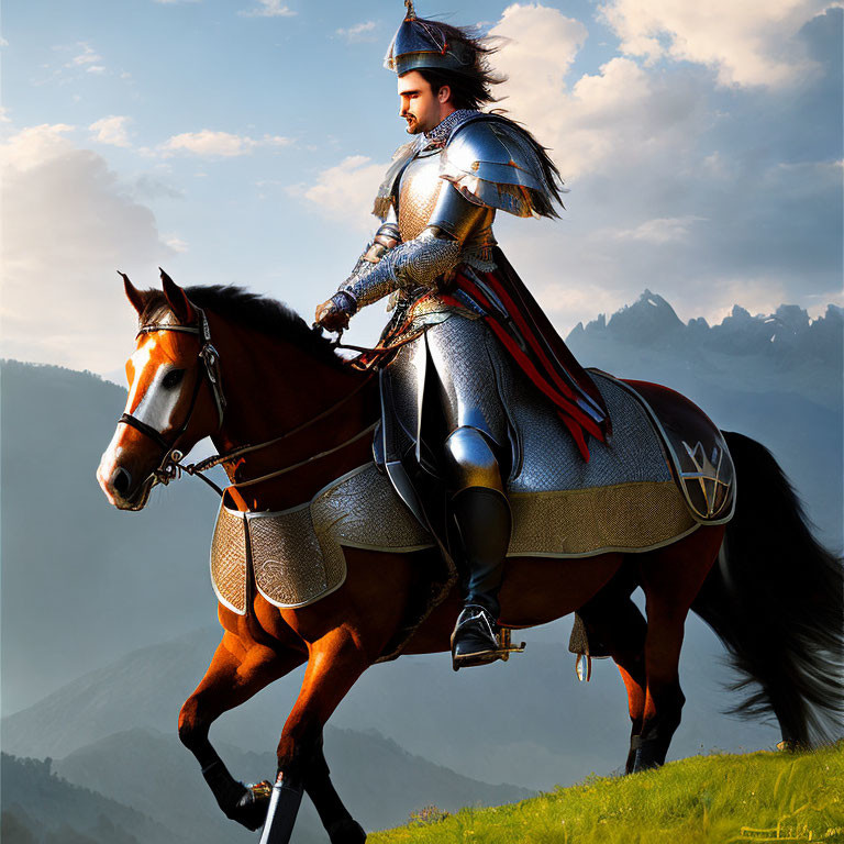 Knight on Chestnut Horse Riding in Mountain Landscape