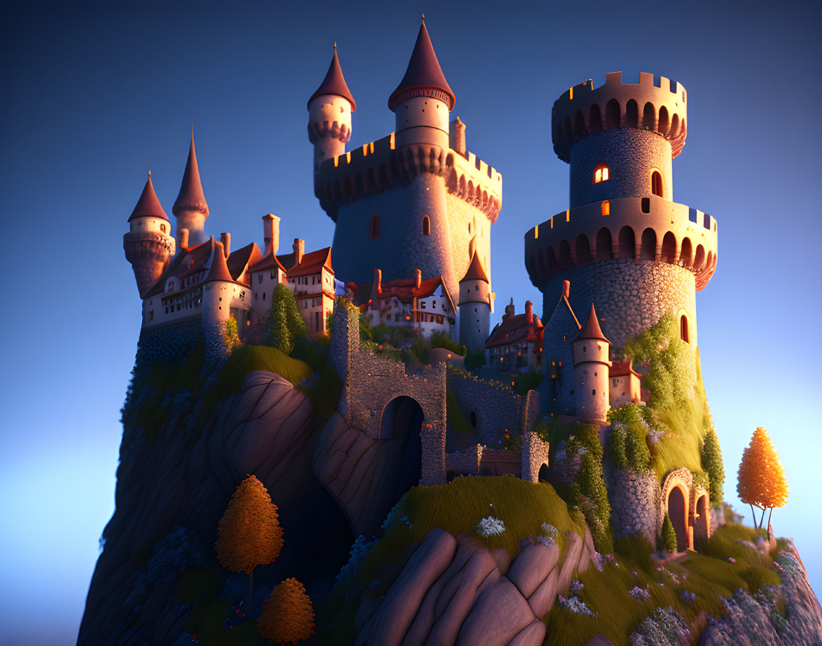 Fantasy castle with multiple towers on rocky outcrop at sunset surrounded by autumnal trees