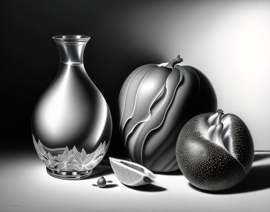 Monochromatic still life with glass vase, pumpkin, pear slices.